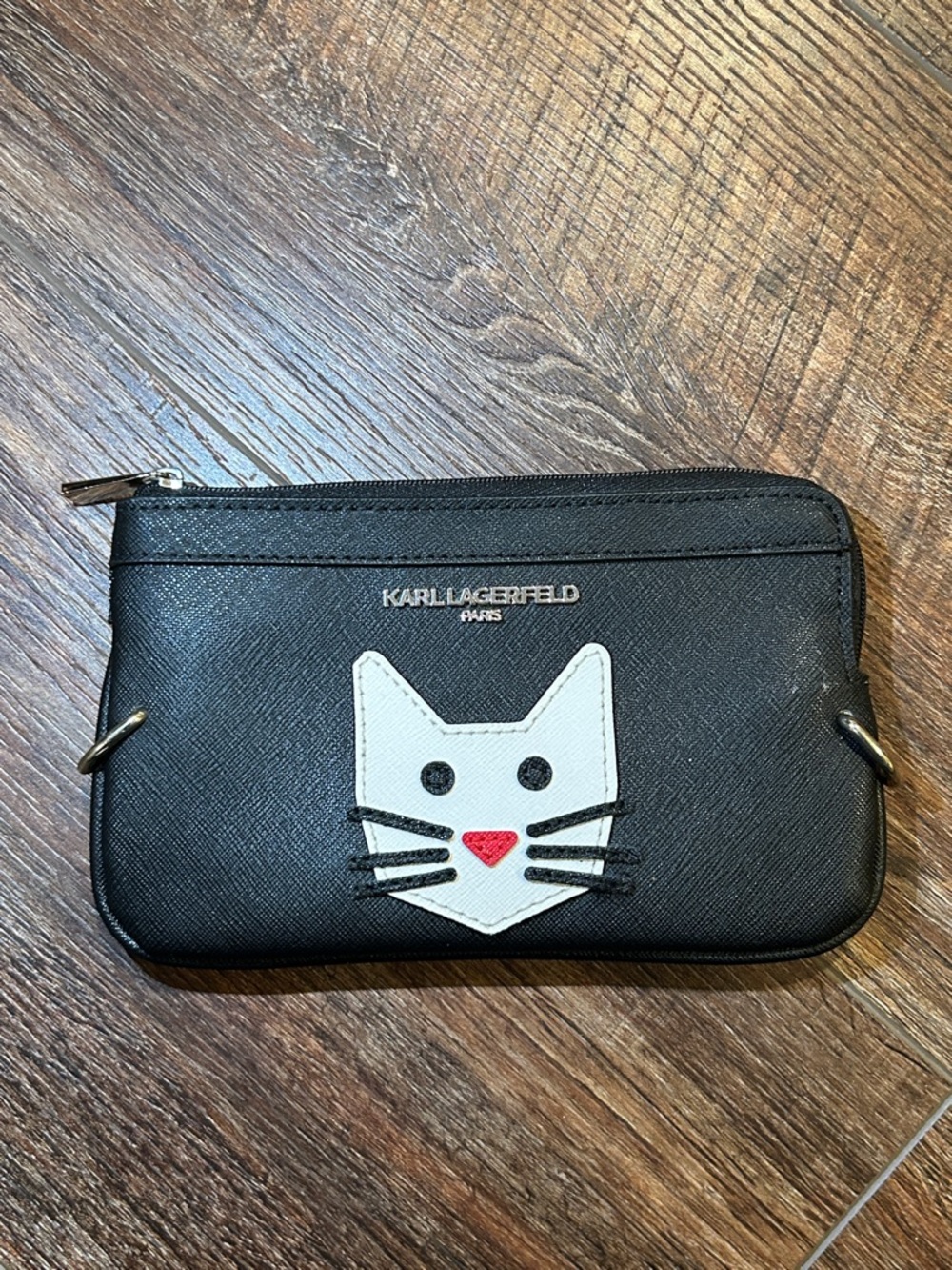 Karl Lagerfeld Black Pouch with White Cat Graphic and Red Nose